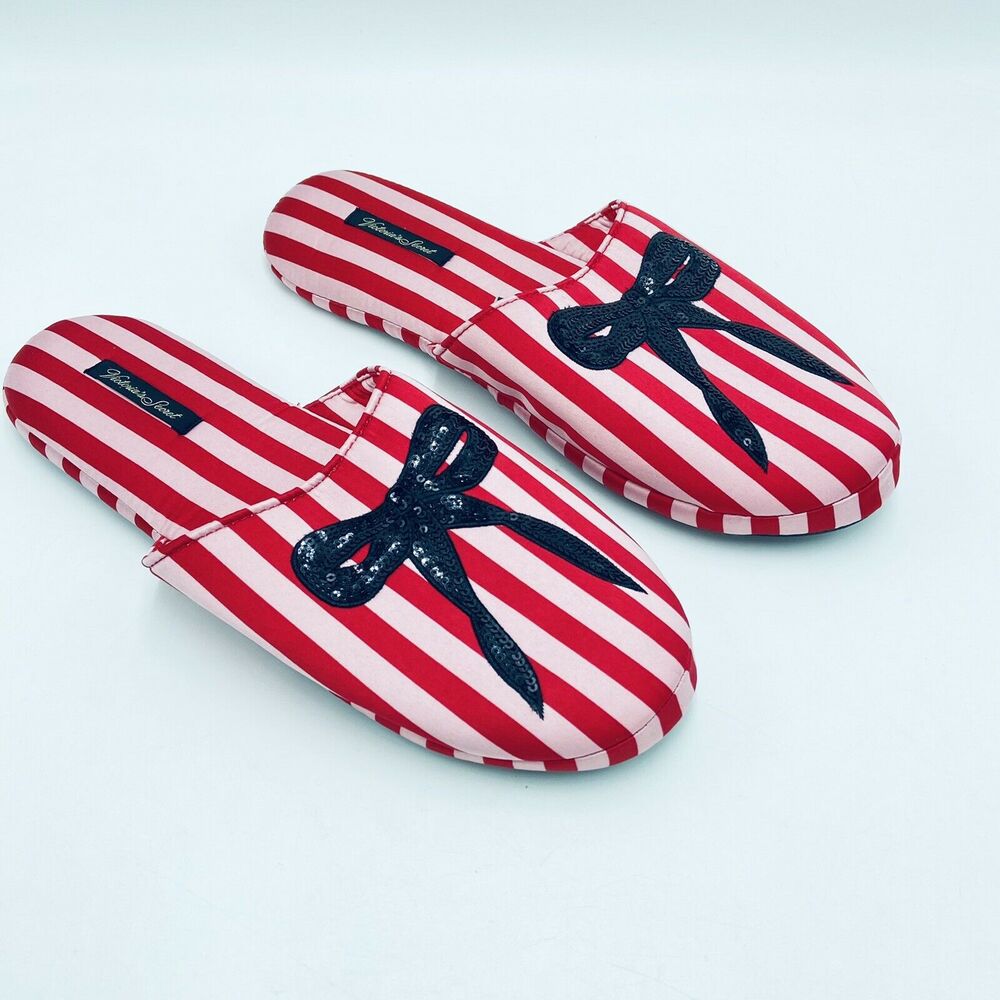 Victoria's Secret Women's Large Bedroom Slippers Pink Red Stripe Sequin Bow NWOT
